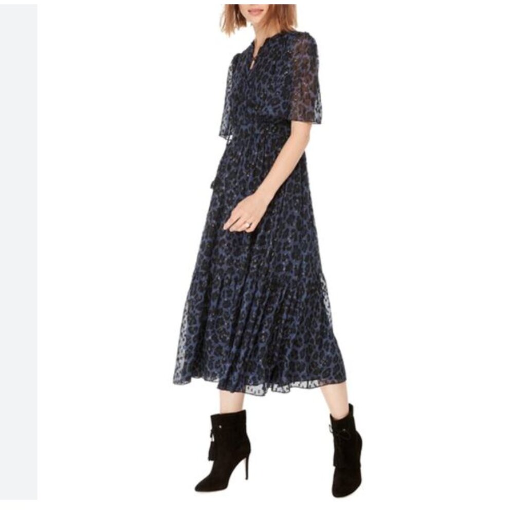 Kate Spade Leopard Dot Midi Dress Navy Blue Silk Tiered 8